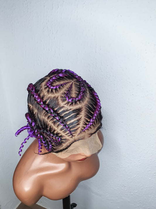 Purple Black Full Lace Cornrow Braided Wig | Handmade Stitch Braid Wig