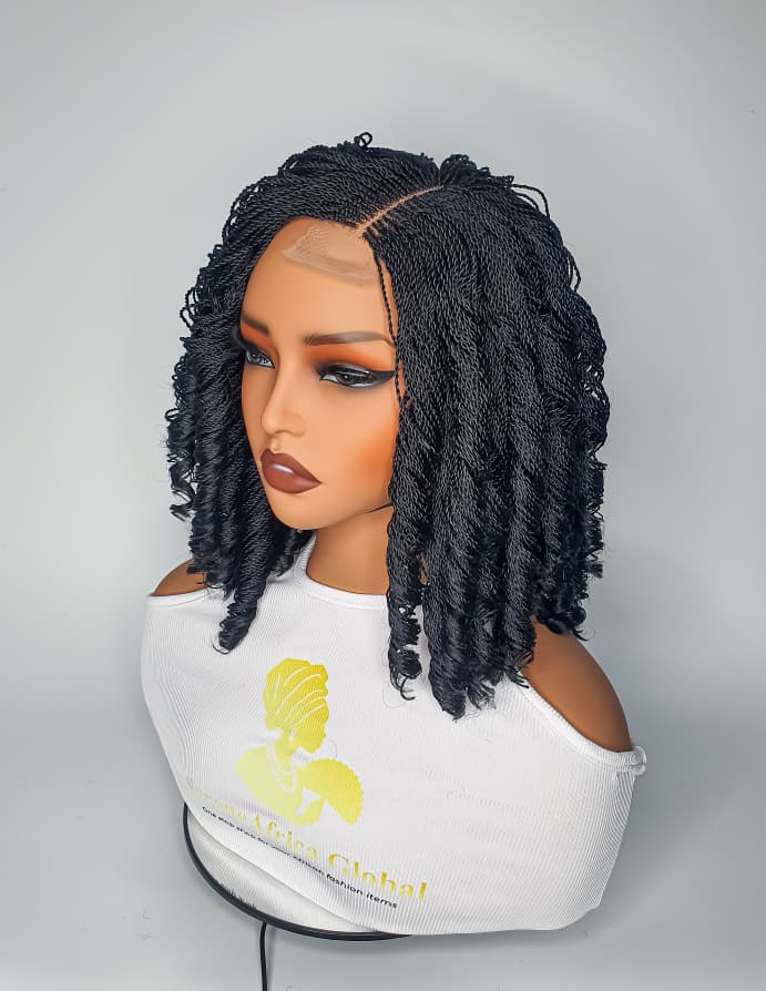 Jet black shoulder-length twist wig with curls and lace closure, side view