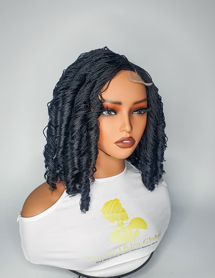 Jet black shoulder-length twist wig with curls and lace closure, angled view