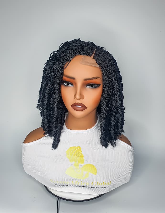 Jet black shoulder-length twist wig with curls and lace closure, front view