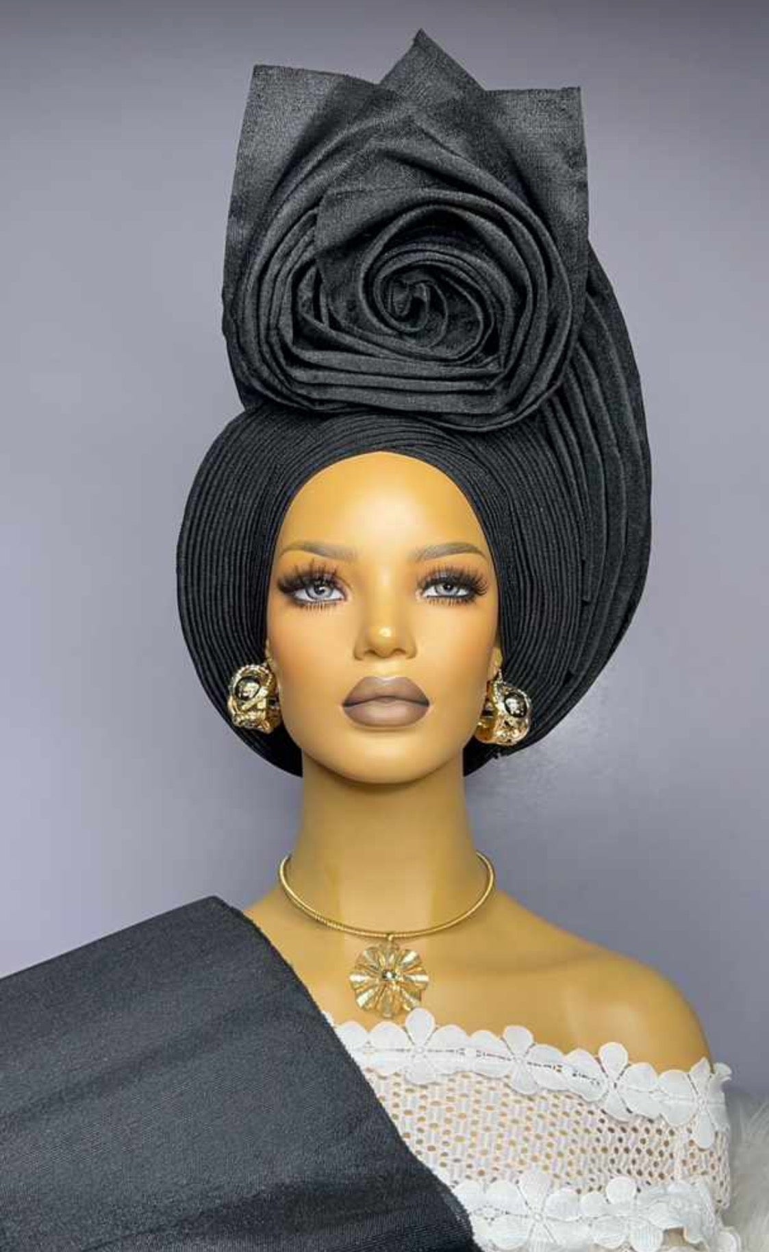 Black Asooke Auto Gele –  African Bridal Headwrap (Bulk Available)