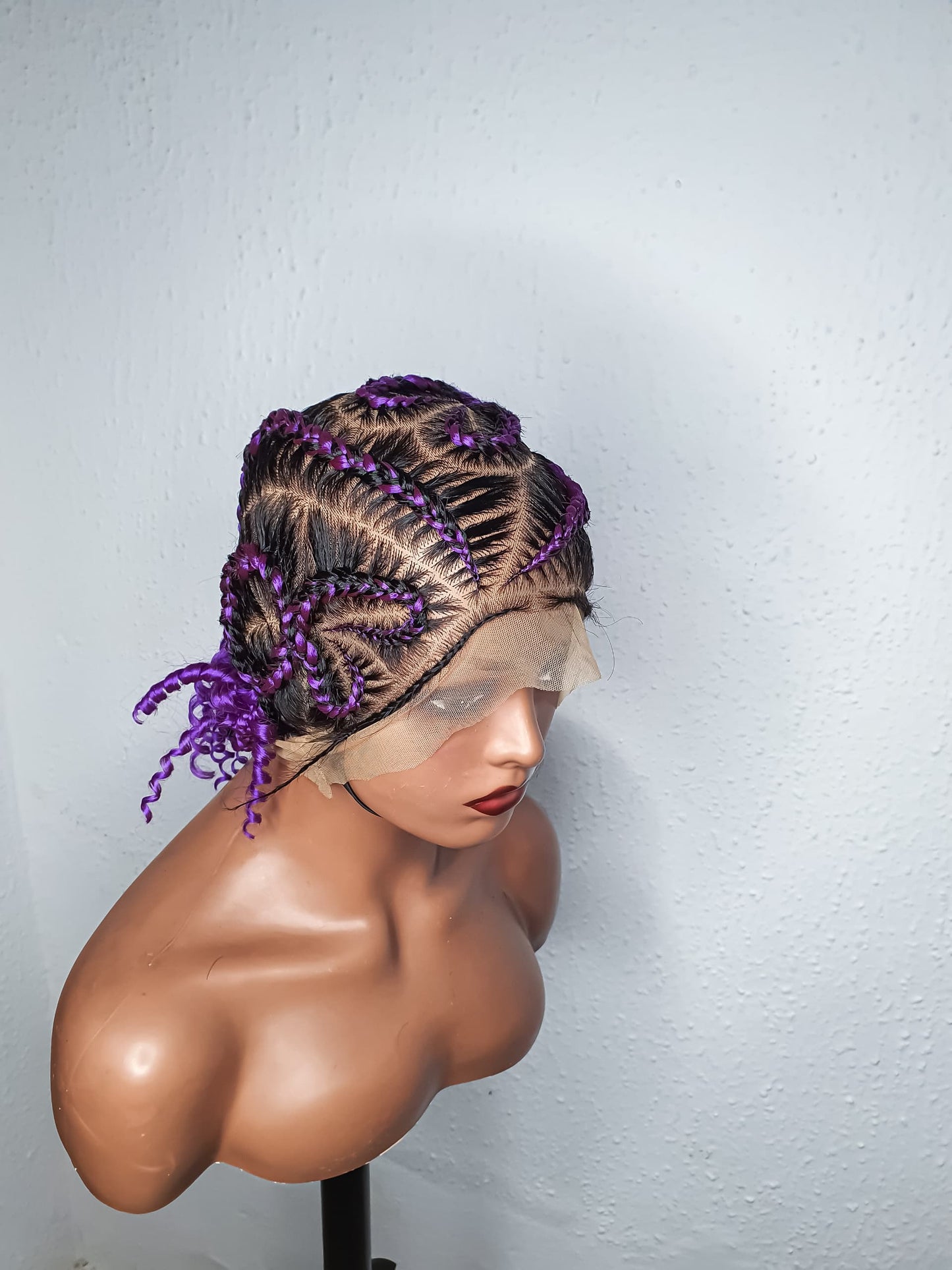 Purple Black Full Lace Cornrow Braided Wig | Handmade Stitch Braid Wig