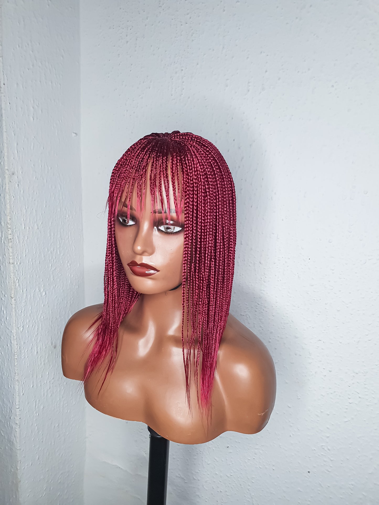 Box Braid Wigs With Bangs | Burgundy Short Braided Wig