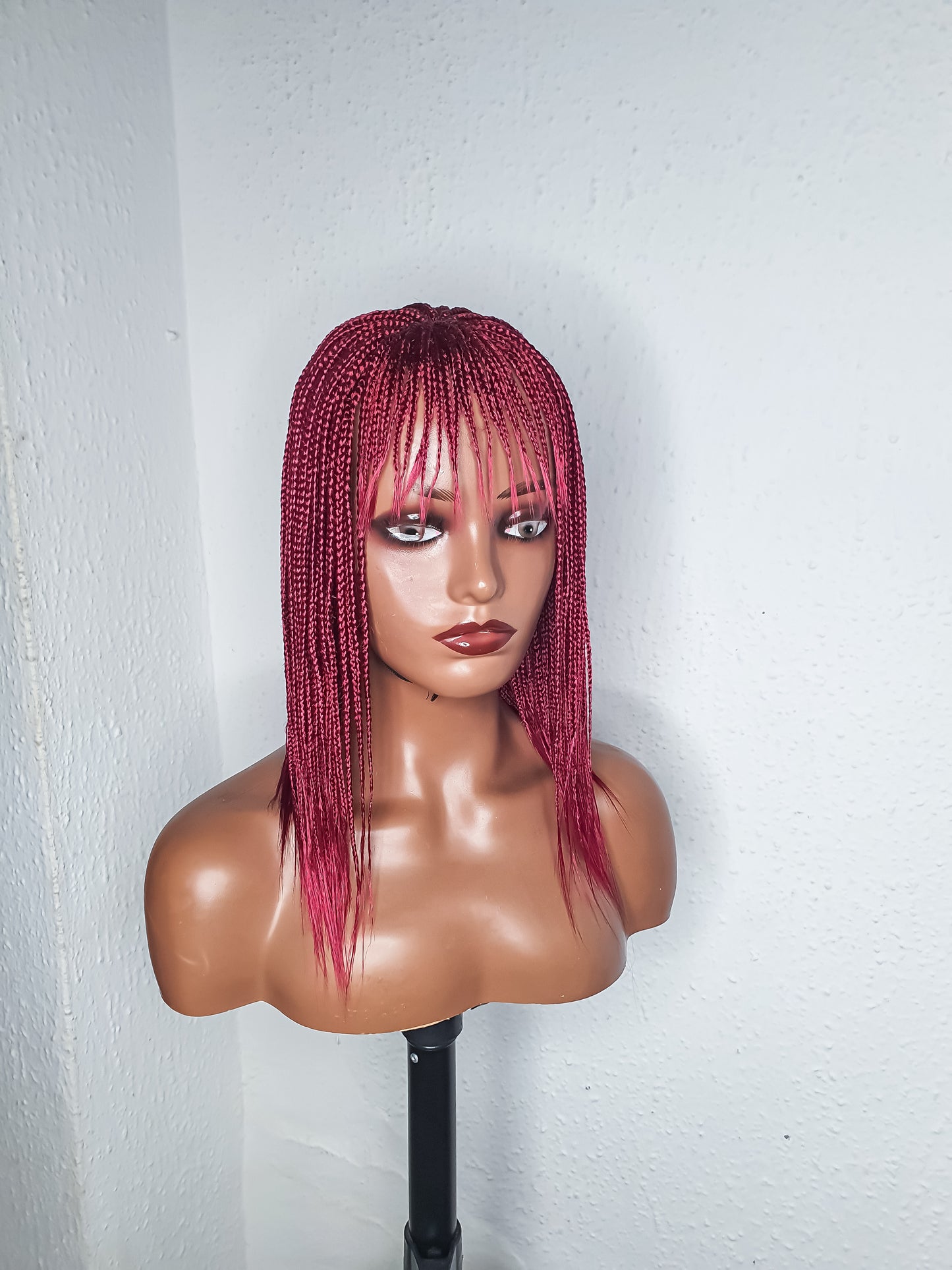 Box Braid Wigs With Bangs | Burgundy Short Braided Wig