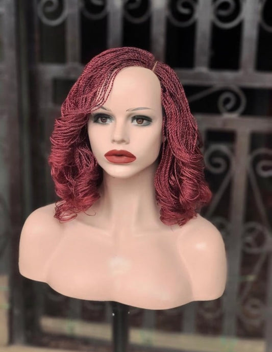Micro Twist Braid Wig | Burgundy Short Braided Wig With Curls