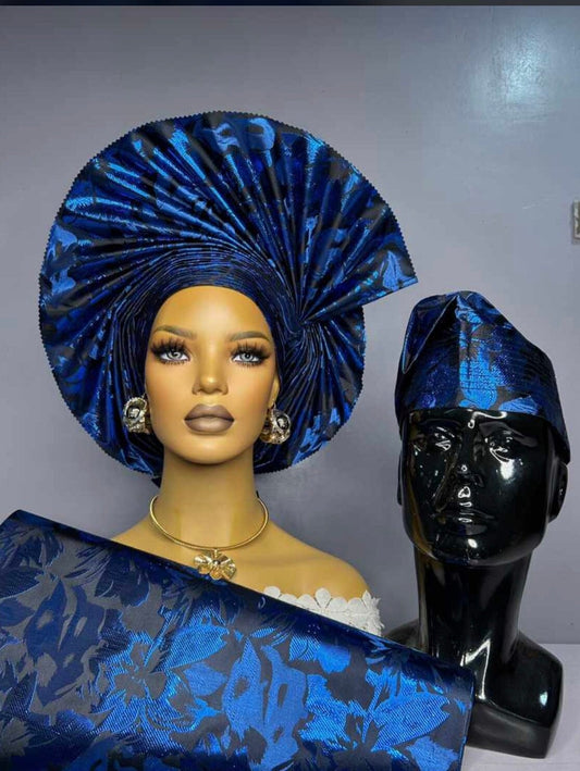 Royal blue luxury sego autogele ready-to-wear Nigerian gele displayed on mannequin for weddings and special occasions