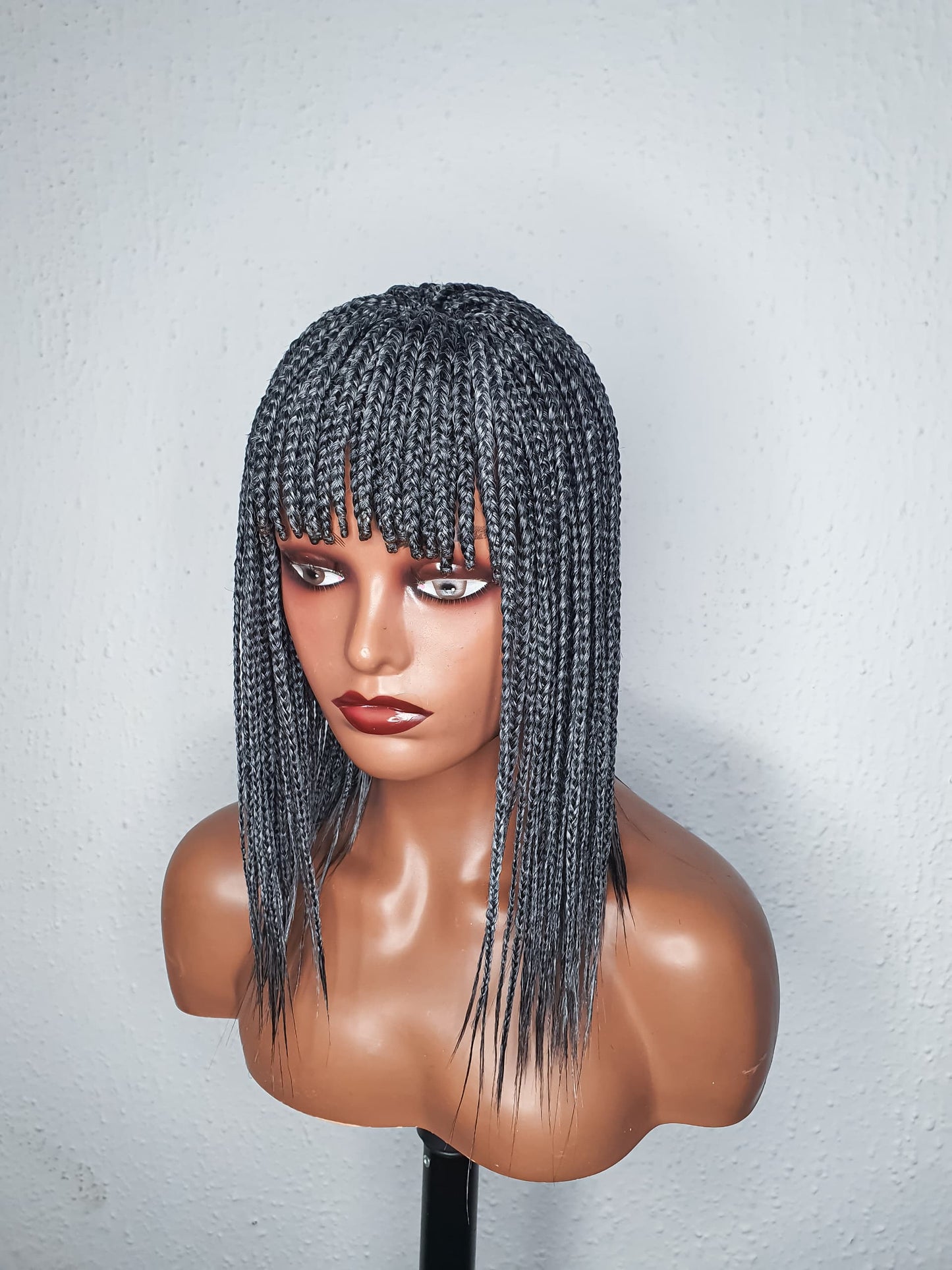 Gray Box Braid Wig With Bangs