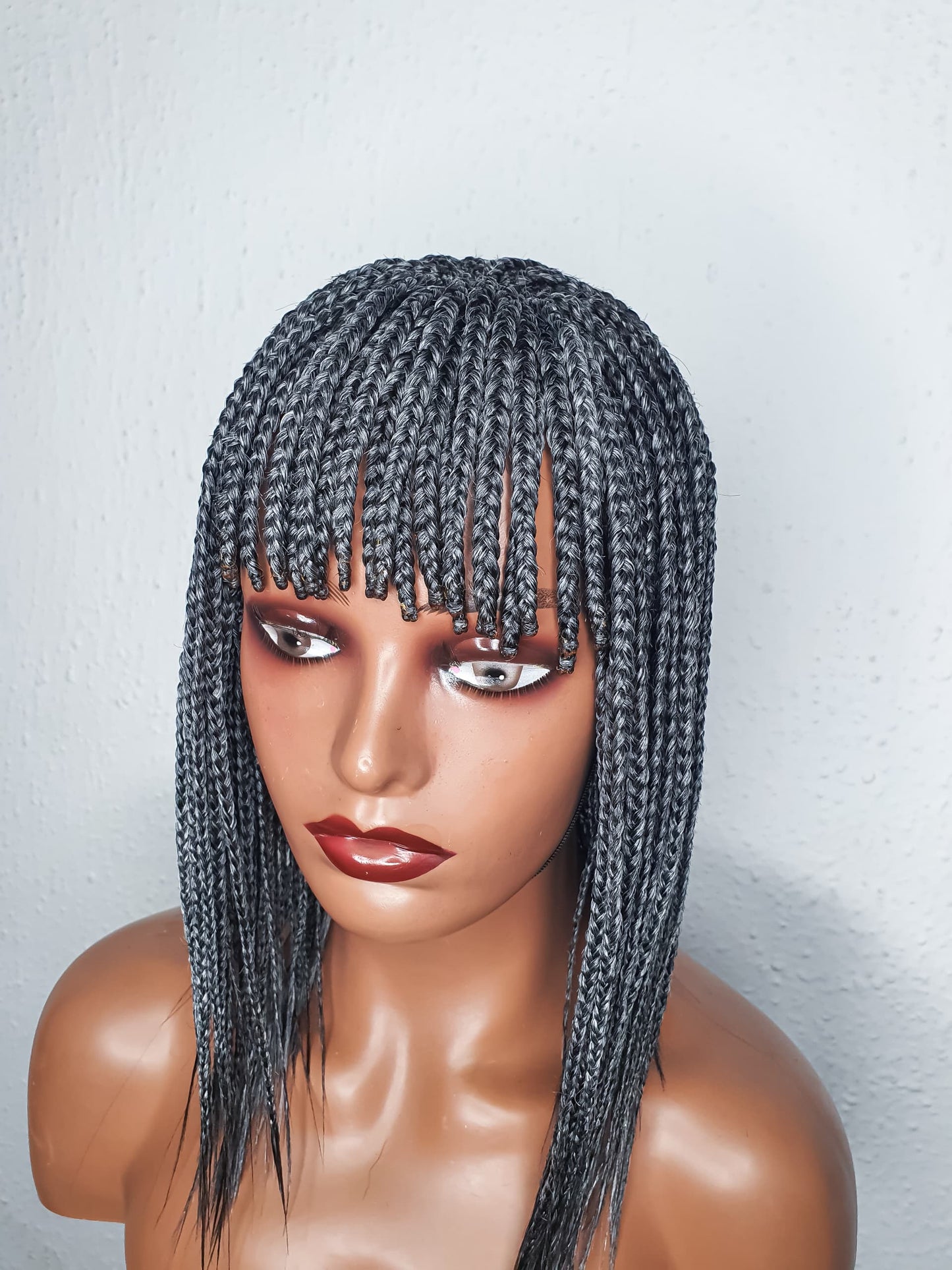 Gray Box Braid Wig With Bangs
