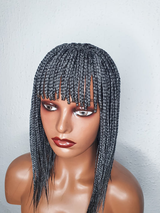 Gray Box Braid Wig With Bangs