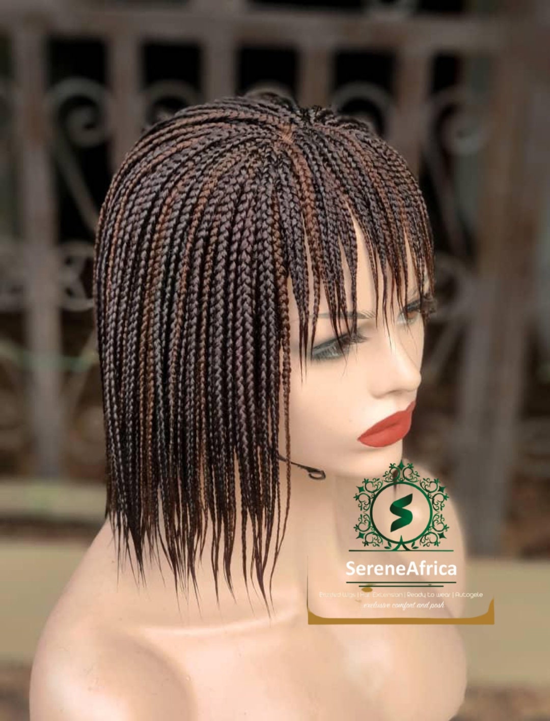 Short Box Braid Wig With Bangs | Brown Braided Wigs