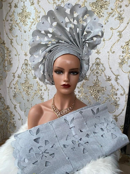 African Head WrAp Silver Auto Gele Aso-Oke Head Wrap, African Headpiece, Nigeria Yoruba Wedding Bride, African Headwrap Headtie for Women