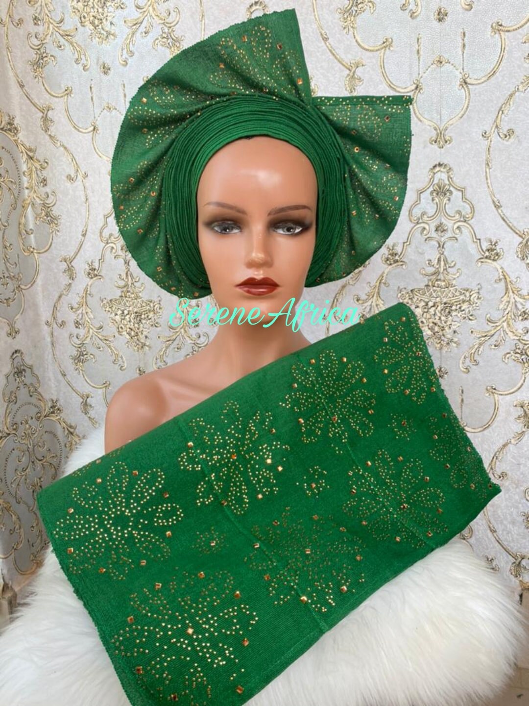 Autogele Asooke, Pre-Tied Green Headwrap, African Fabric, African Turban, African Headband, African Head wrap, Green Asooke