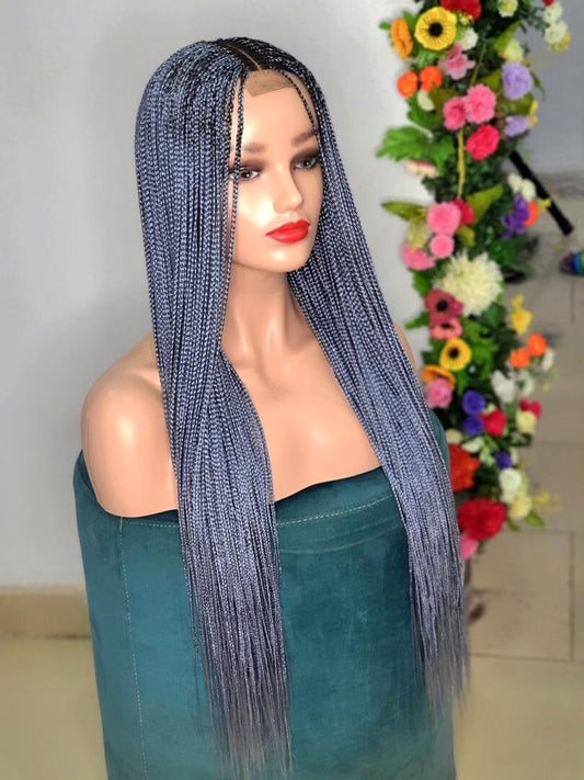Braided Wig, Gray Long knotless Box Braid Wig, Wigs For Black Women, Small Size Box Braid Wig, Lace Closure Wig