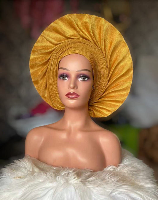 Gold Autogele Head Wrap, African Nigerian Yoruba Wedding Aso-Oke Gele Head-Tie Headpiece Headscarf Headwear Headwrap For Black Women