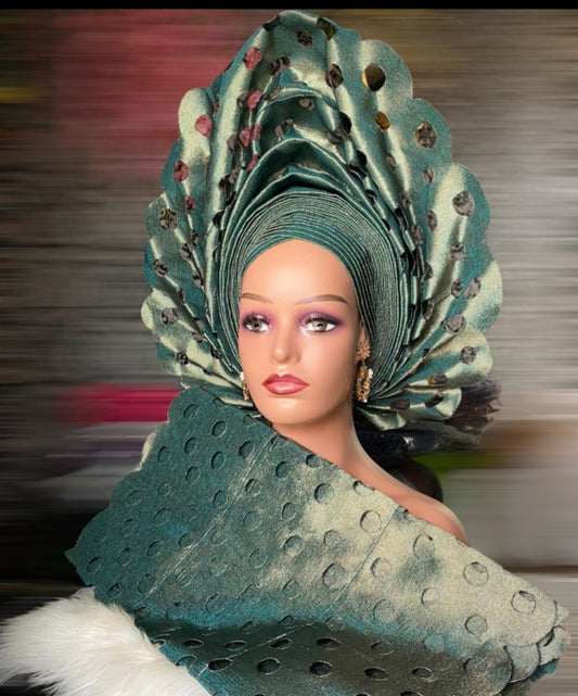 Autogele Aso-Oke,Green And Gold Mix African Headpiece Heat-tie Headwrap Headwear, Pre-Tied Gele, Headwrap For Black Women, Nigerian Gele