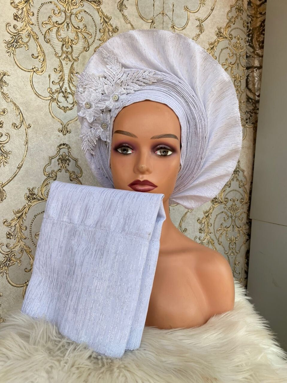 Luxury White Aso Oke Auto Gele – No-Tie Needed.