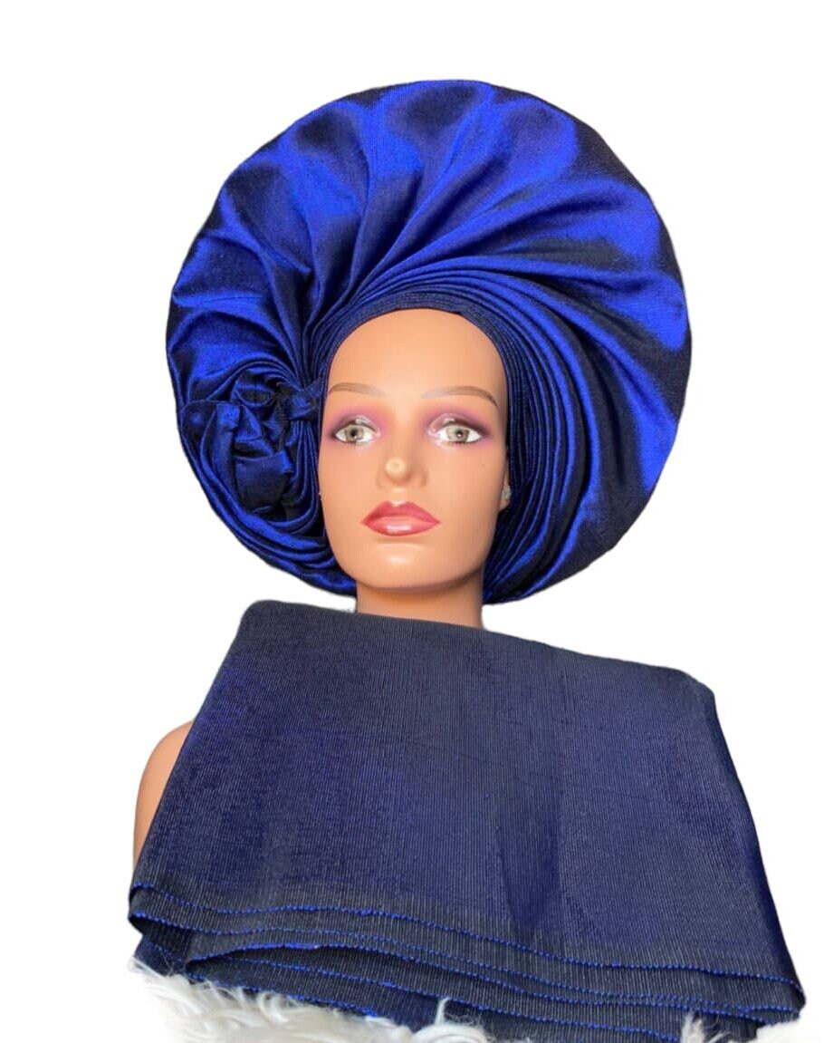 Autogele Asooke, African HeadWrap, Blue And Black Gele, Nigerian HeadTie, HeadWrap For Black Women, African Headpiece, Yoruba Gele