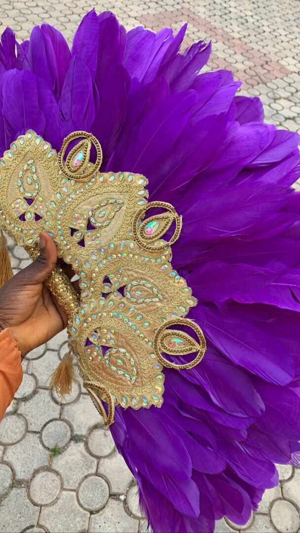 Purple Clutch HandFan, Semi-Circle African Traditional Wedding Bridal Feather HandFan, Nigerian Wedding Handfan, Purple and Gold