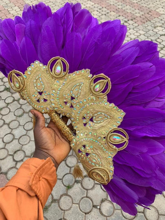 Purple Clutch HandFan, Semi-Circle African Traditional Wedding Bridal Feather HandFan, Nigerian Wedding Handfan, Purple and Gold