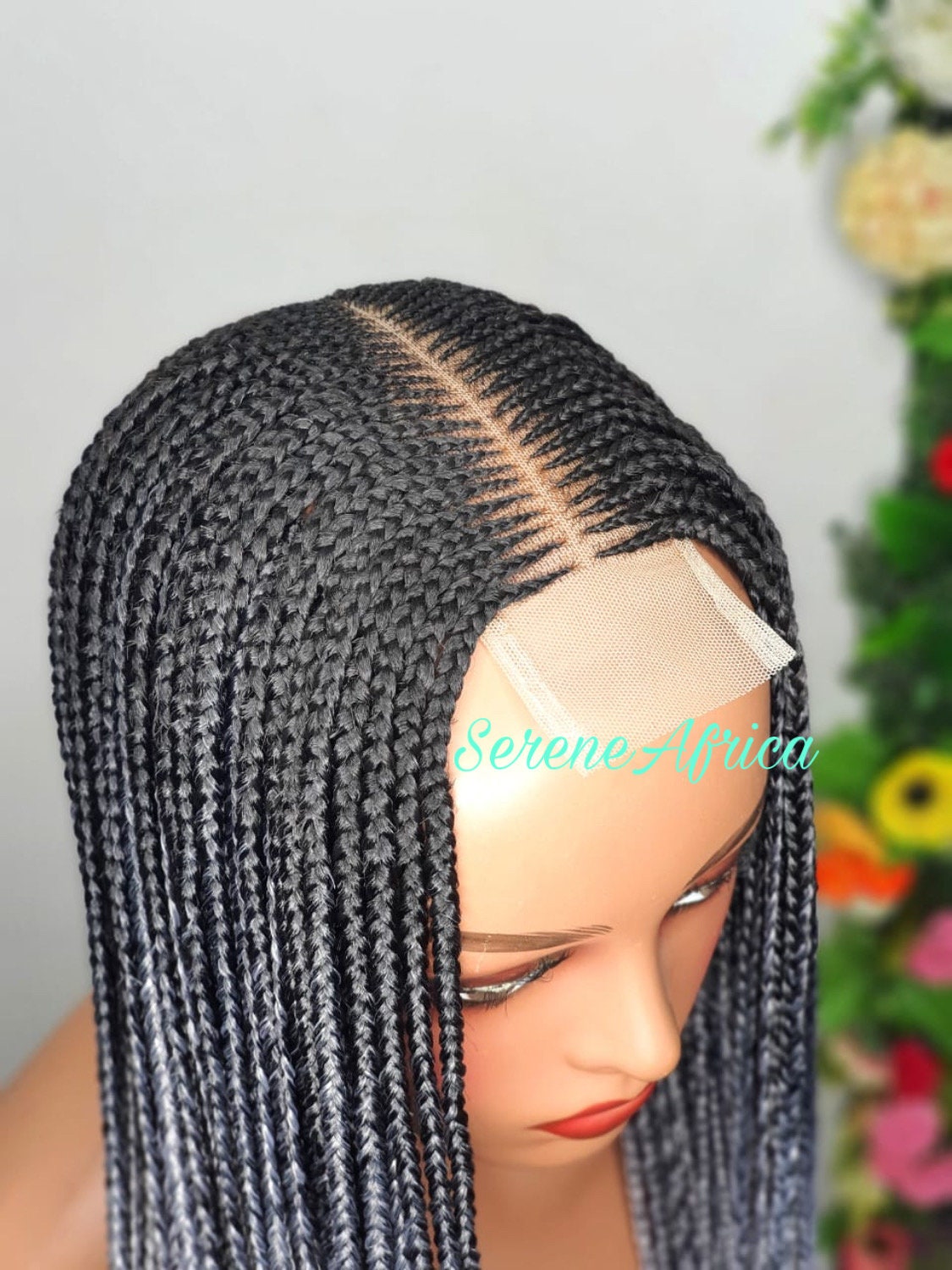 Box Braid Wig, Cornrow Braid Wig, Wig For Black Women, Ghana Weave Wig, Braided Wig, Long Light Weight Wig, Ombré Gray Black