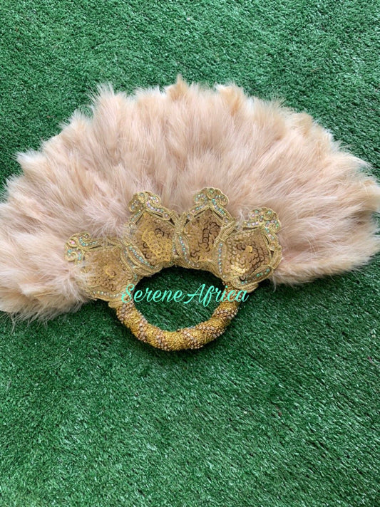 Beige Clutch Hand Fan, Semi-Circle African Traditional Wedding Bridal Feather Hand Fan, Nigerian Wedding Hand fan(Available Different Colors