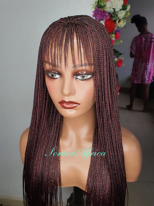 Burgundy & Black Box Braid Wig with Bangs (22 Inches) – Bold & Stylish Look