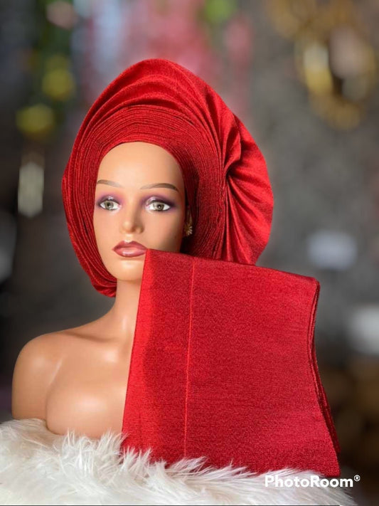 Autogele Aso-Oke, African Headwrap Headpiece Headtie, Wine and Red Headwrap, African Turban, African Headwrap For Women, Ready To Wear Gele
