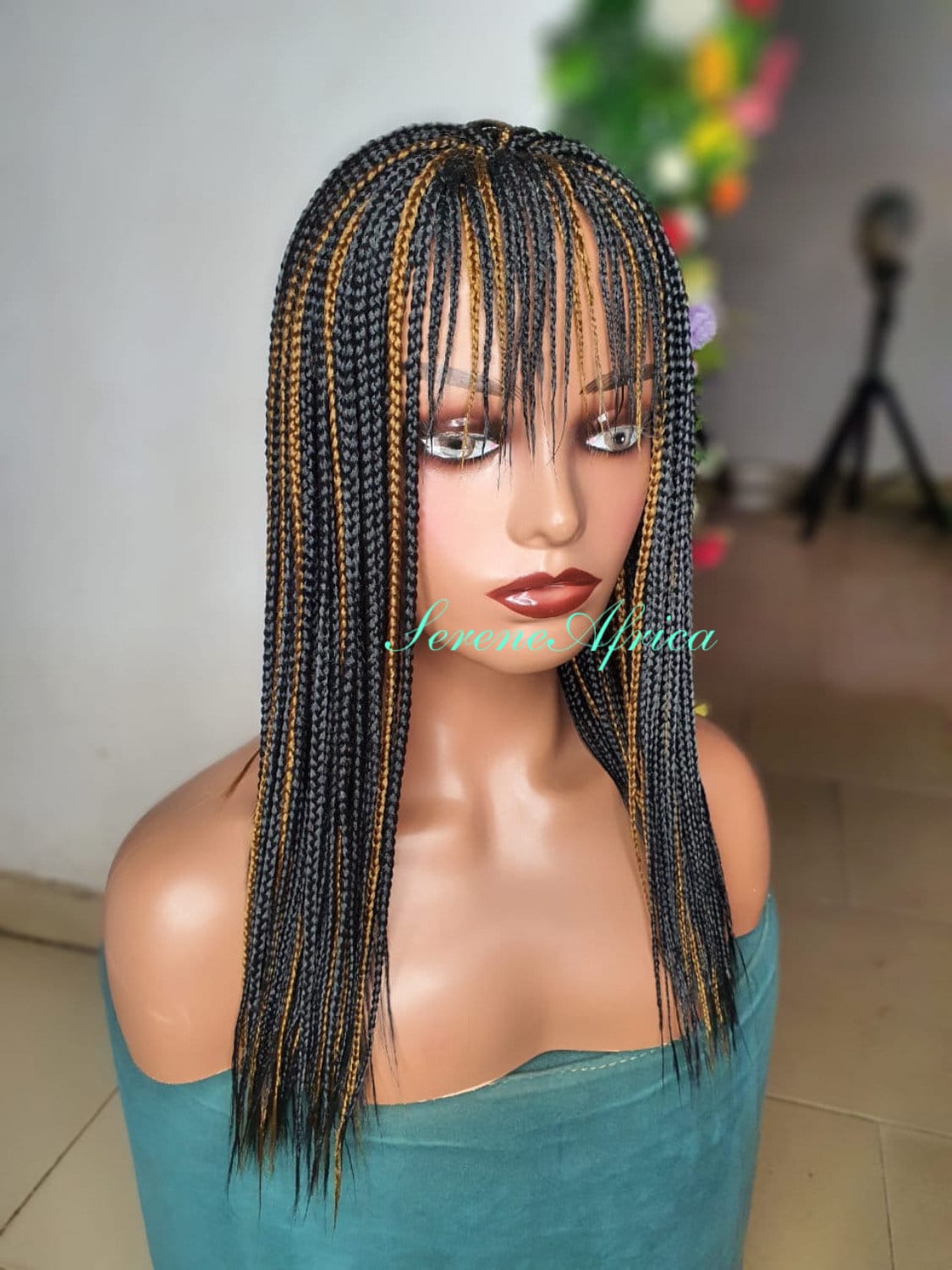 Box Braid Wigs With Bangs, Black and Gold Braid Wig, Short Braid Wigs, Wigs For Black Women