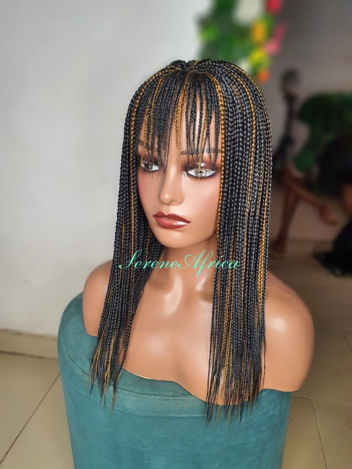Box Braid Wigs With Bangs, Black and Gold Braid Wig, Short Braid Wigs, Wigs For Black Women