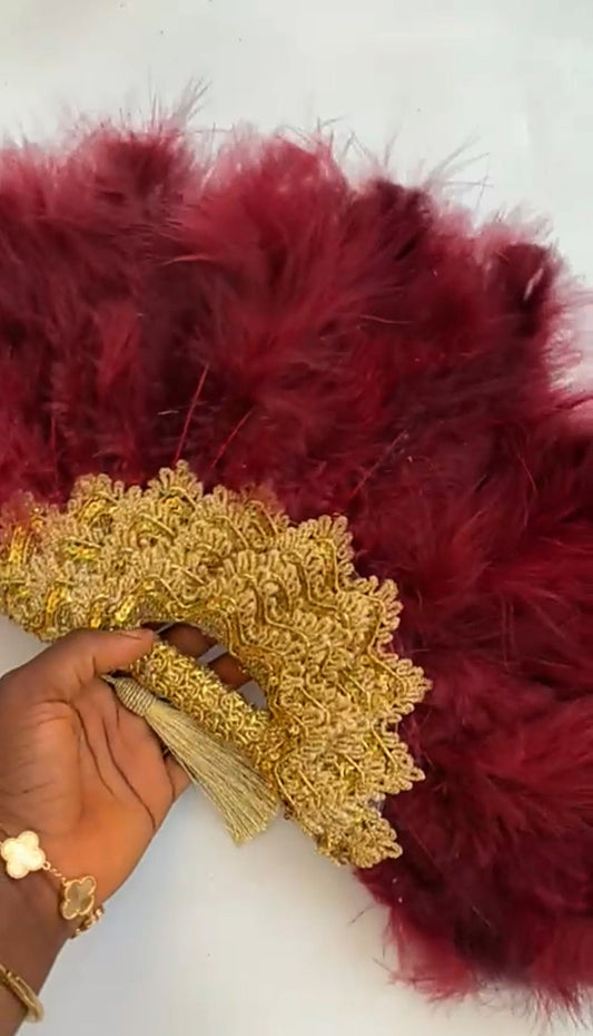 Clutch Semi-Circle Hand Fan, African Traditional Wedding Bridal Feather Hand Fan, Nigerian Wedding Hand fan, Wine And Gold