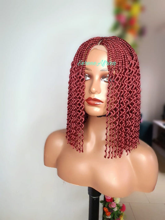 Short burgundy box braid wig on mannequin head bold braided wig