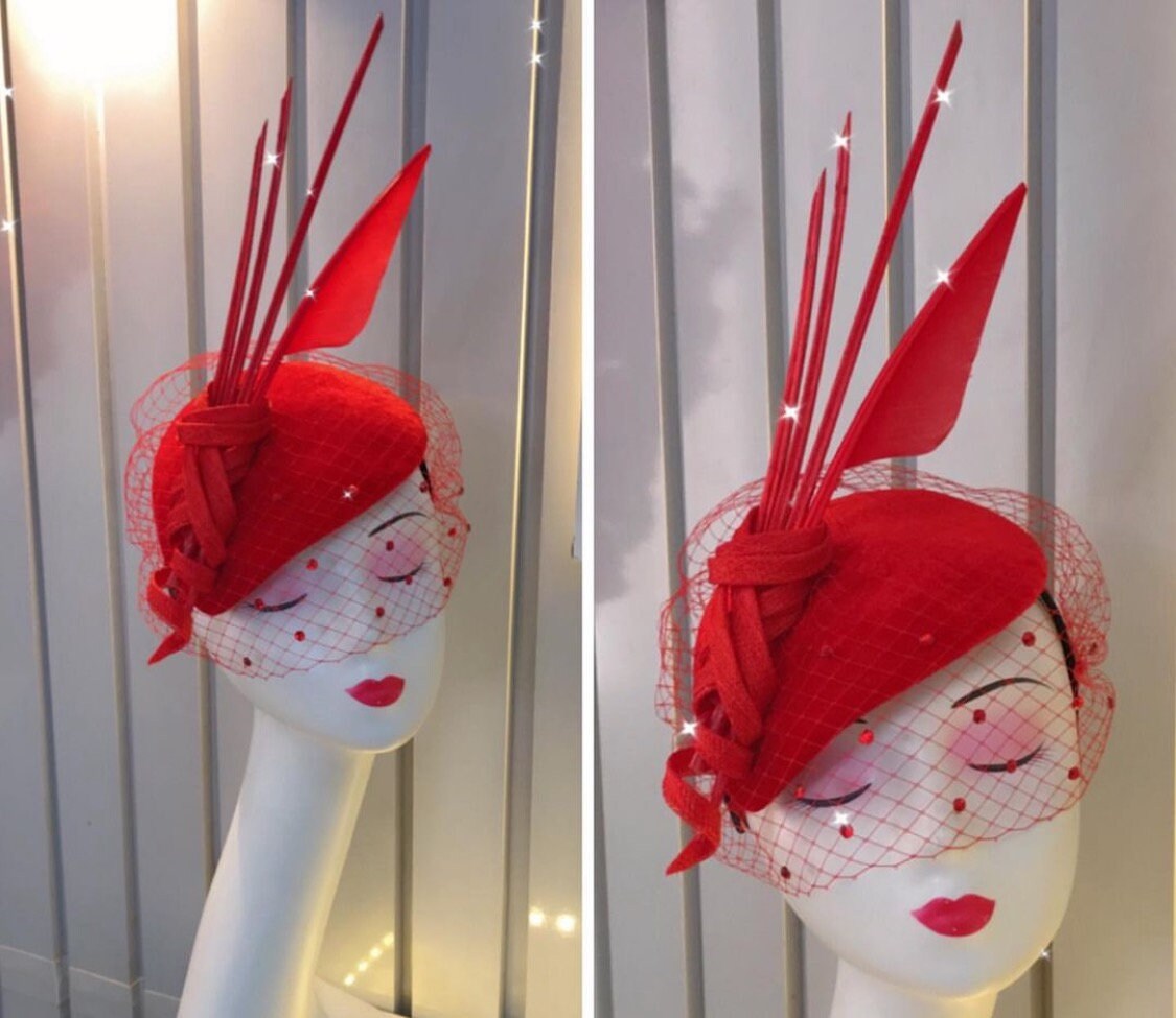 Red Fascinator With Viel, Church Hat, Wedding Hat, British Hat, Kentucky Derby Hat, Mini Hat (Available in other colors) Ready To Ship