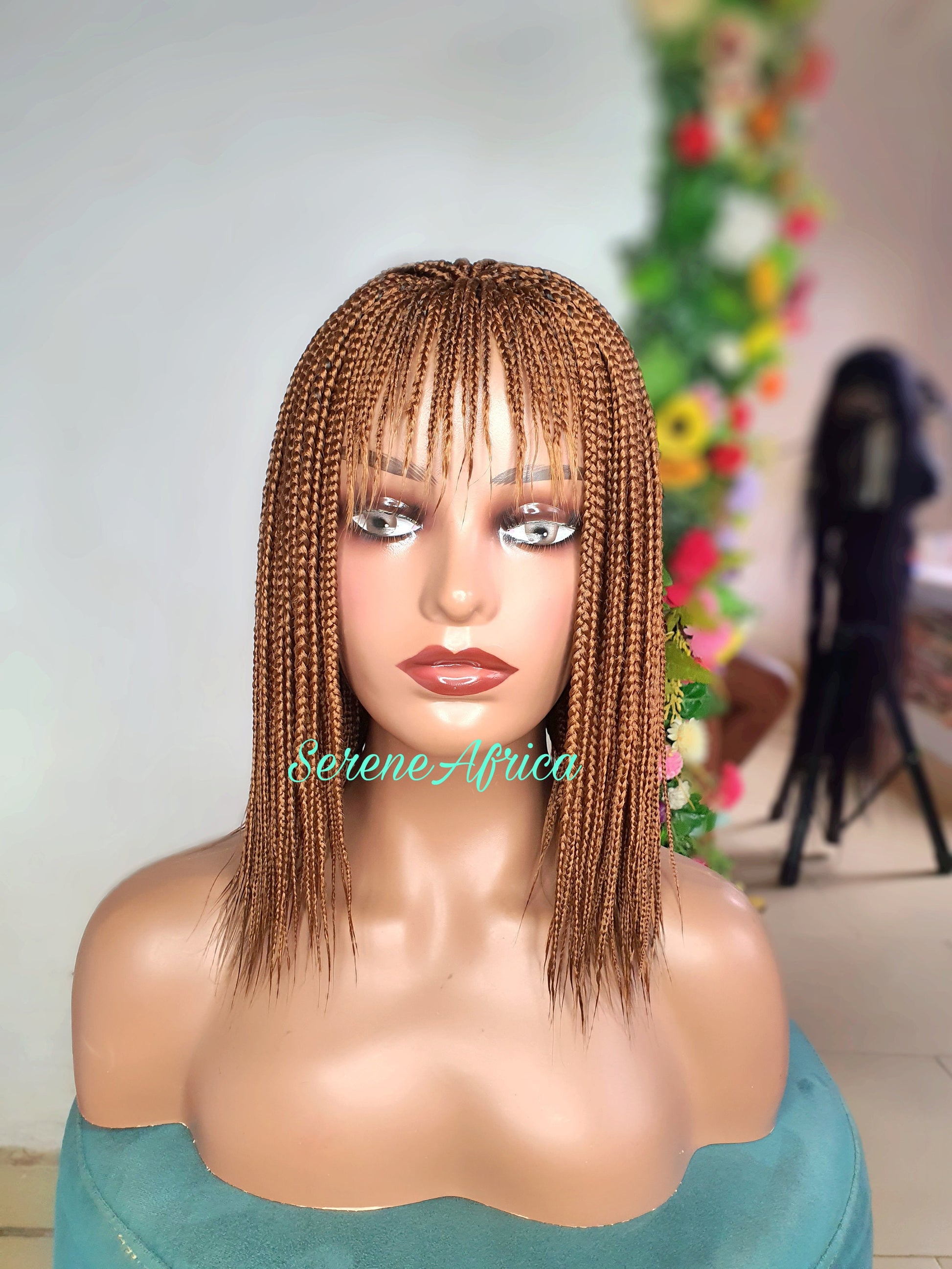 Short box braid wig with bangs color 30 on mannequin head ready to wear braided wig

