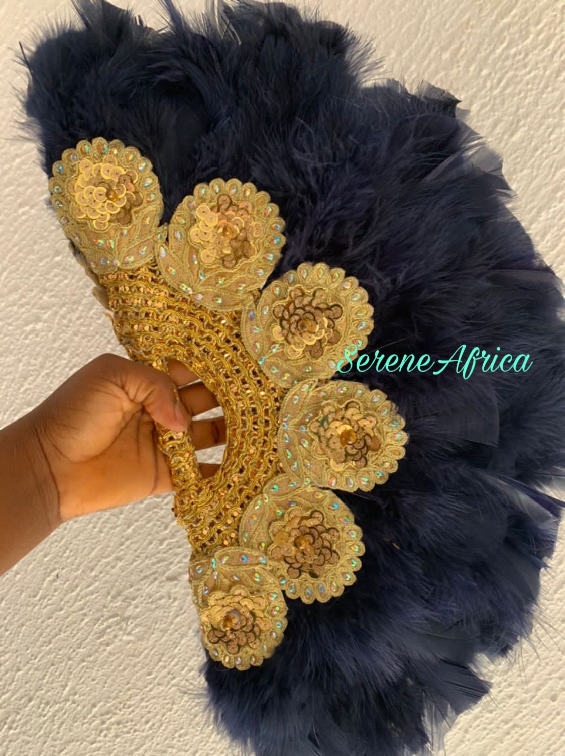 Navy Blue Feather Hand Fan, Clutch Semi-Circle African Traditional Wedding Bridal Hand Fan, Nigerian Wedding Hand fan, Bridesmaids Handfan