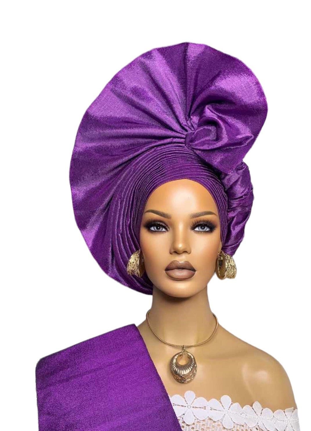 Purple Headpiece Autogele Aso-Oke, Pre-Tied African Nigerian Headwrap Headwear Turban, Headwrap For Black Women