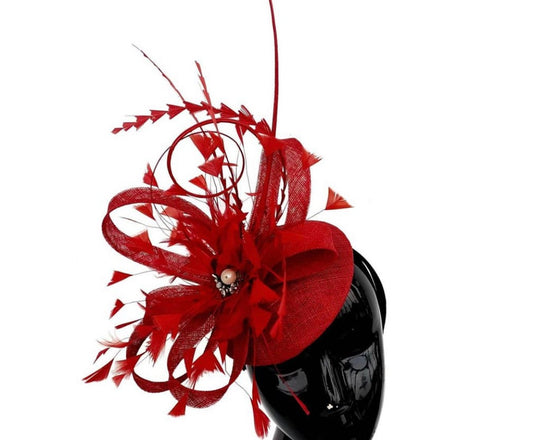 Fascinator With Viel, Red Church Hat, Wedding Hat, British Hat, Kentucky Derby Hat, Mini Hat (Available in other colors)
