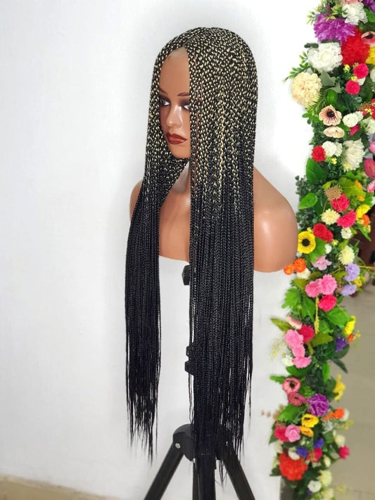 Braided Wig, Closure Long Gold And Black Mix Box Braid Wig, Wigs For Black Women