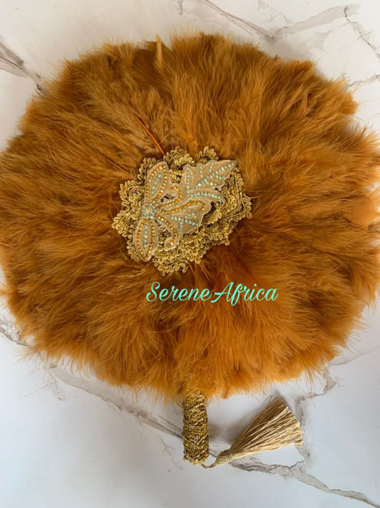 Gold Bridal Feather Hand Fan, African Traditional Wedding Hand Fan, African Bridal Accessory Hand fan(Available in Different Colours