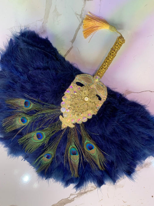 Bride Hand fan Blue, African Peacock Feather Traditional Wedding Hand Fan, African Bridal Accessory Nigerian Wedding Hand fan