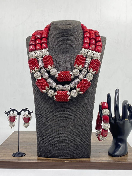 3  Sets Original African Red Coral Beads, African Wedding Coral Accessories, Nigerian Edo Igbo Wedding Brides Jewelry Accessories.