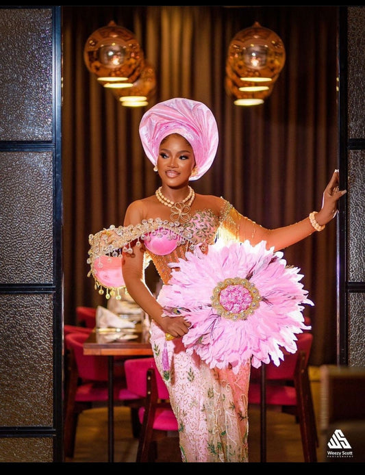 Pink Feather Hand Fan Wedding, African Bridal Accessory, African Traditional Wedding Outfits, Nigerian Wedding Hand Fan.