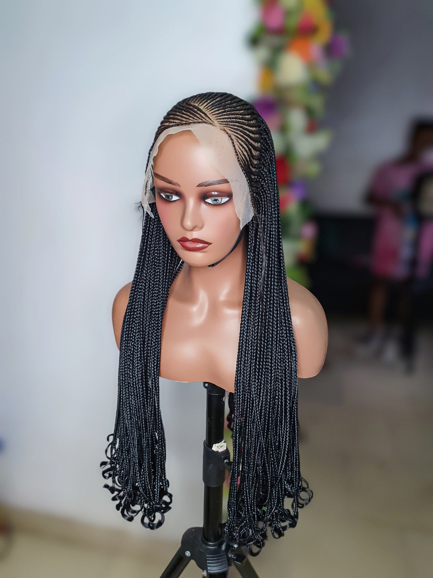 Side view of Ghana weave braid wig 22 inches structured natural style