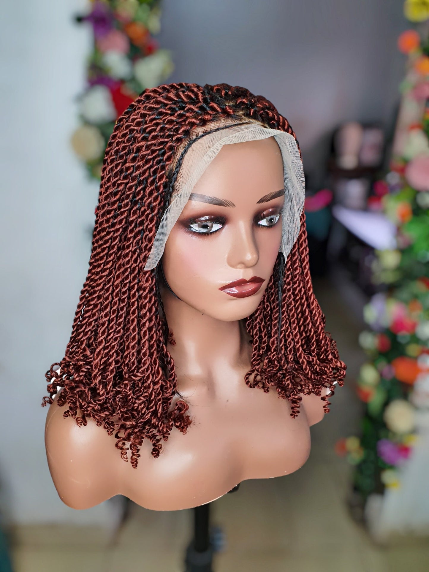 Side view short kinky twist braid wig on mannequin head natural lightweight braided wig