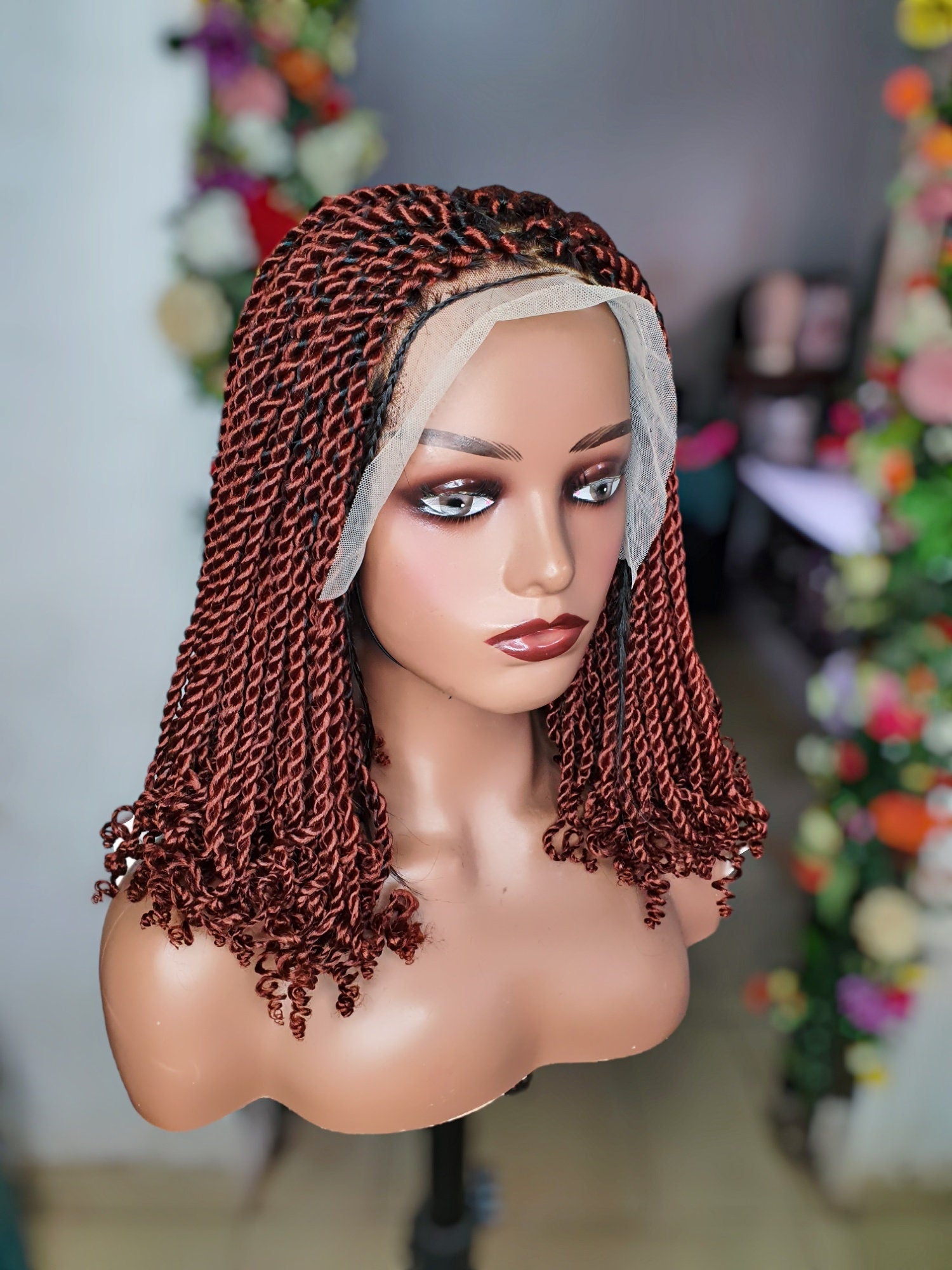 Side view short kinky twist braid wig on mannequin head natural lightweight braided wig
