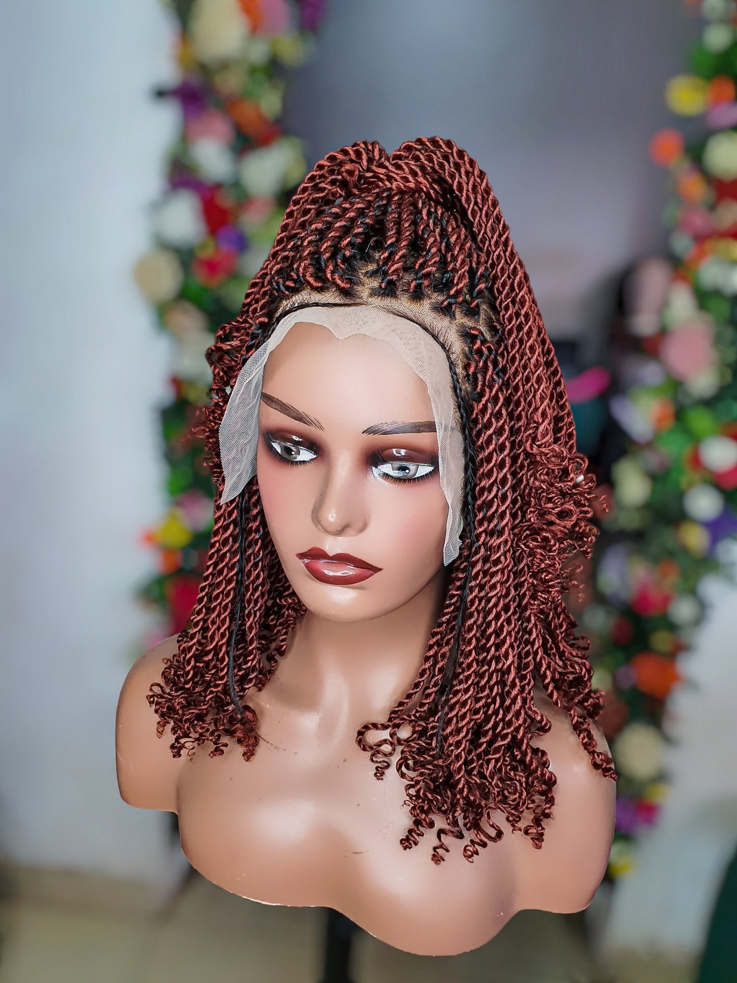 Front view short kinky twist braid wig on mannequin head natural lightweight braided wig