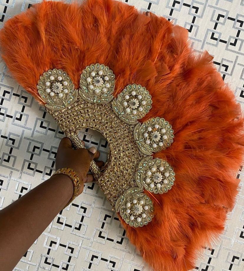 Navy Blue Feather Hand Fan, Clutch Semi-Circle African Traditional Wedding Bridal Hand Fan, Nigerian Wedding Hand fan, Bridesmaids Handfan