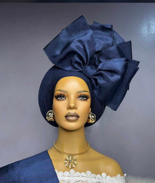 AutoGele HeadWrap, Blue Nigerian Asooke Gele HeadTie, HeadWrap For Black Women, African HeadWrap, Yoruba Gele