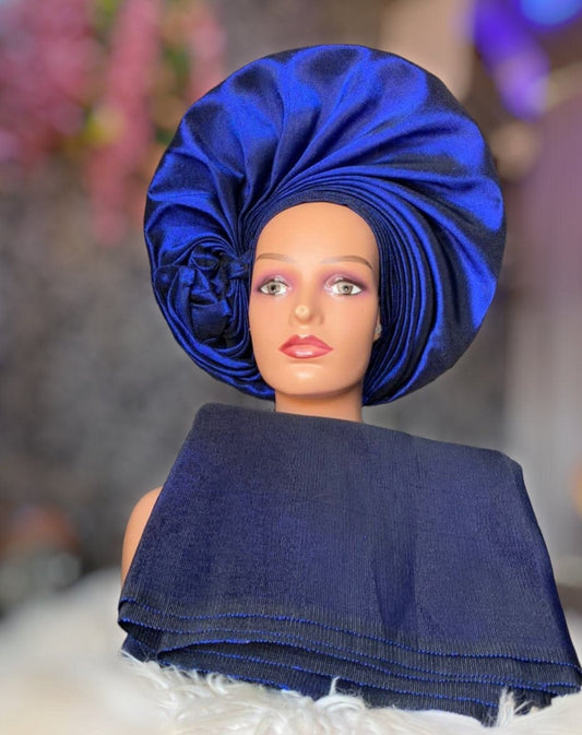 Autogele Asooke, African HeadWrap, Blue And Black Gele, Nigerian HeadTie, HeadWrap For Black Women, African Headpiece, Yoruba Gele