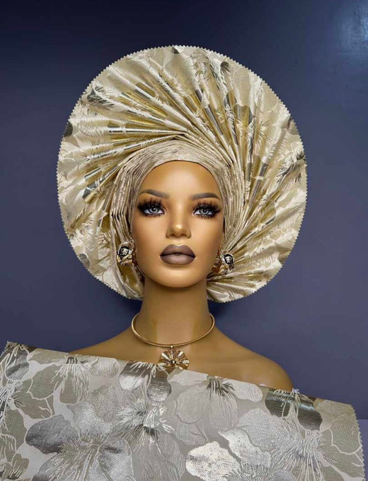 Autogele Sego, Pre-Tied Headwrap, Gold African Headwrap, Gold Autogele, African Fabric, African Turban, African Headband
