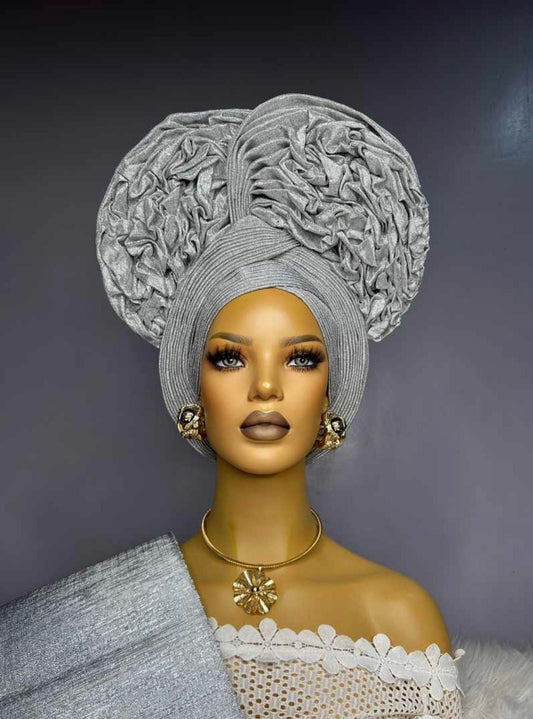 Autogele Aso-Oke Silver, Pre-Tied African Headwrap, Black Autogele Aso-Oke, African Fabric, African Turban, African Headband, Nigerian Gele